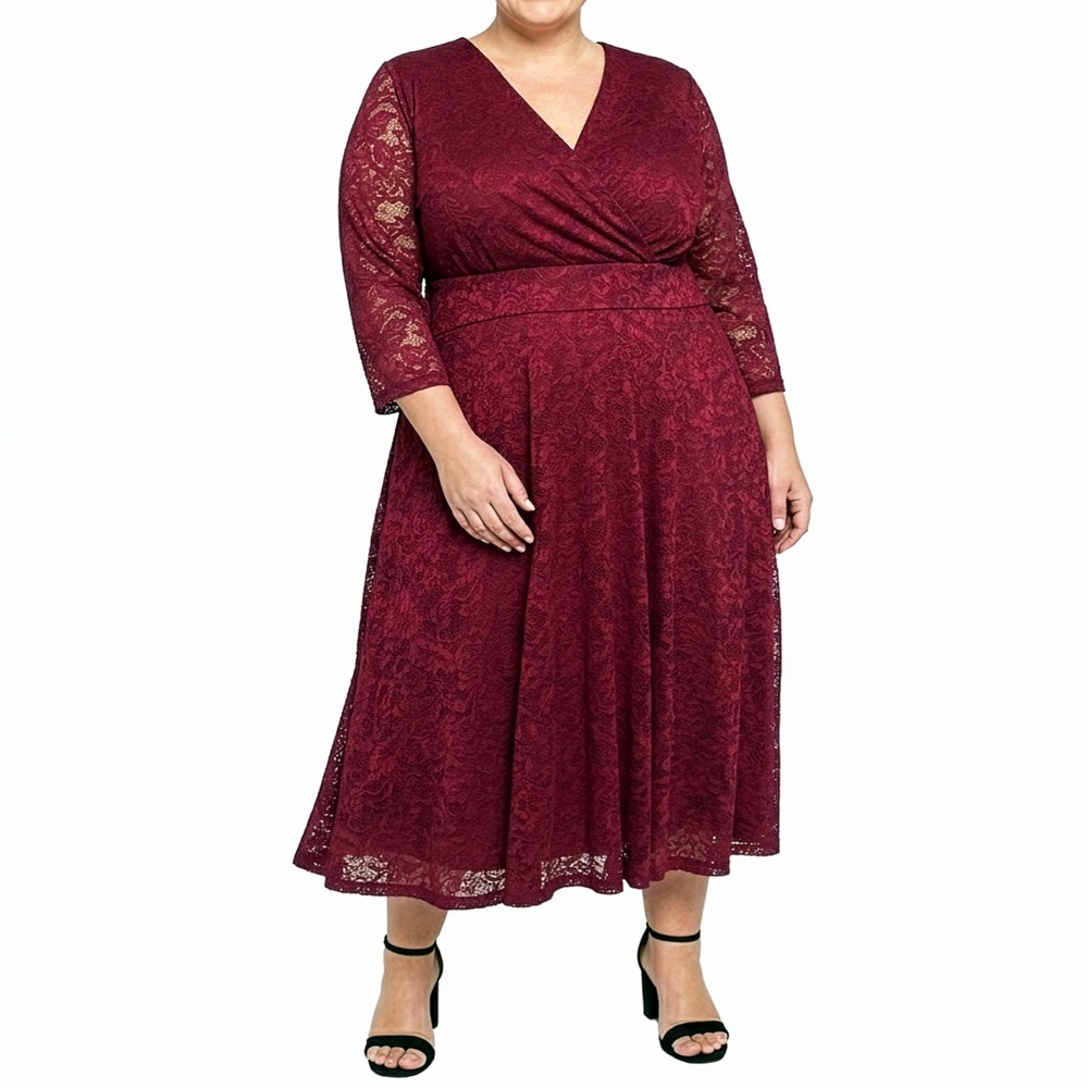 Lookbook Store Burgundy Lace Dress Faux Wrap Midi Plus Size 4X 30W Wedding Guest
